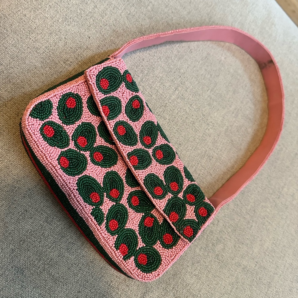 Anthropologie Pink and Green Olive Beaded Women's Bag